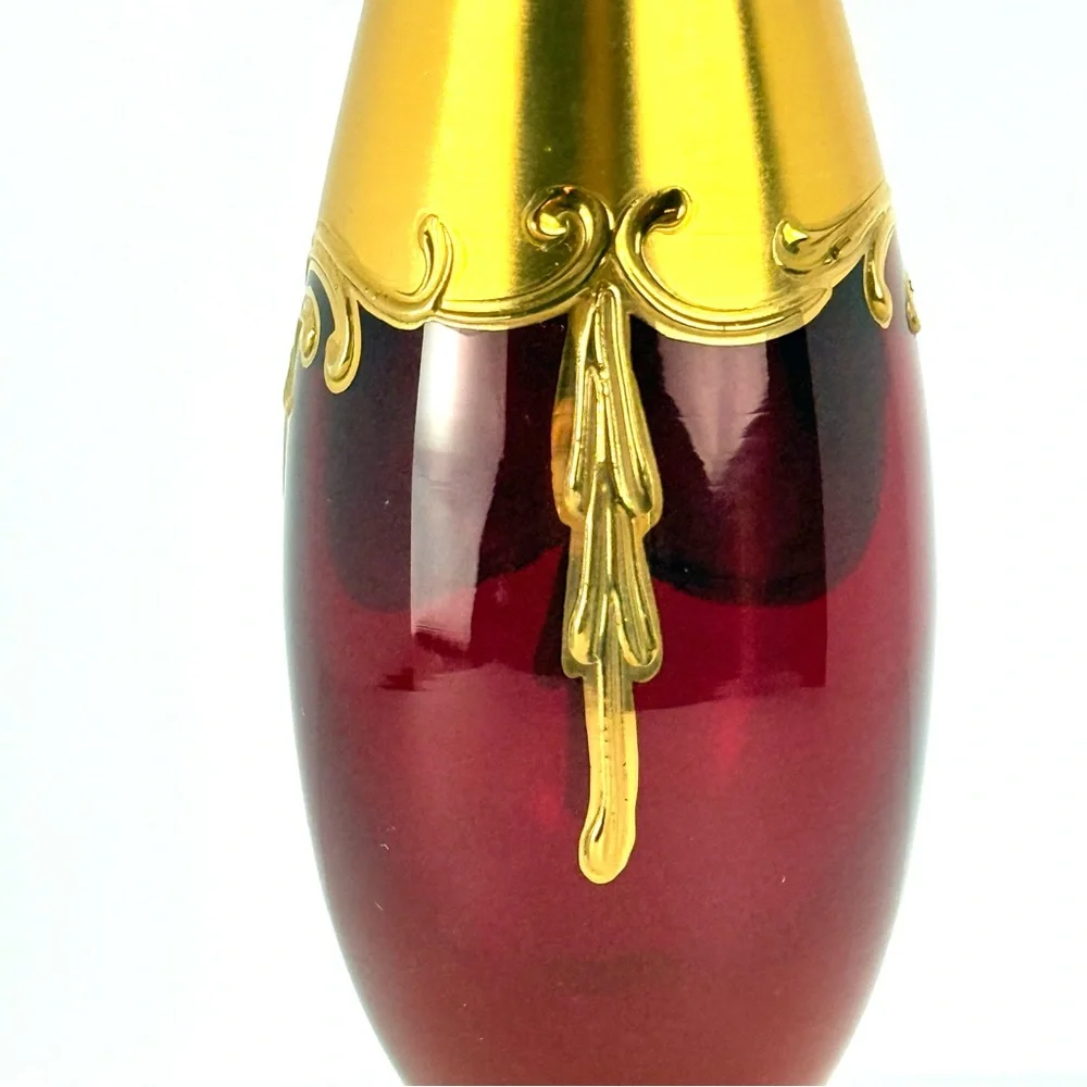 VTG Murano Venetian Ruby Glass & 24K Gold Paint 11โ Hand Painted Floral Bud Vase - Picture 6 of 16